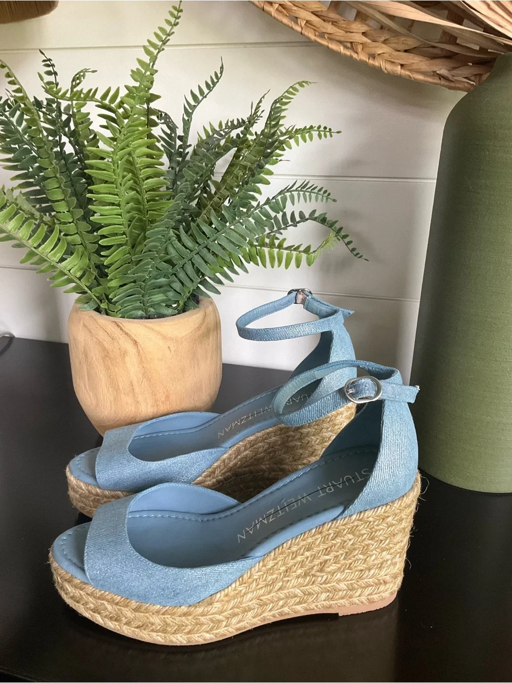 Stuart Weitzman Nudistia Metallic Blue Espadrille Wedge Sandals